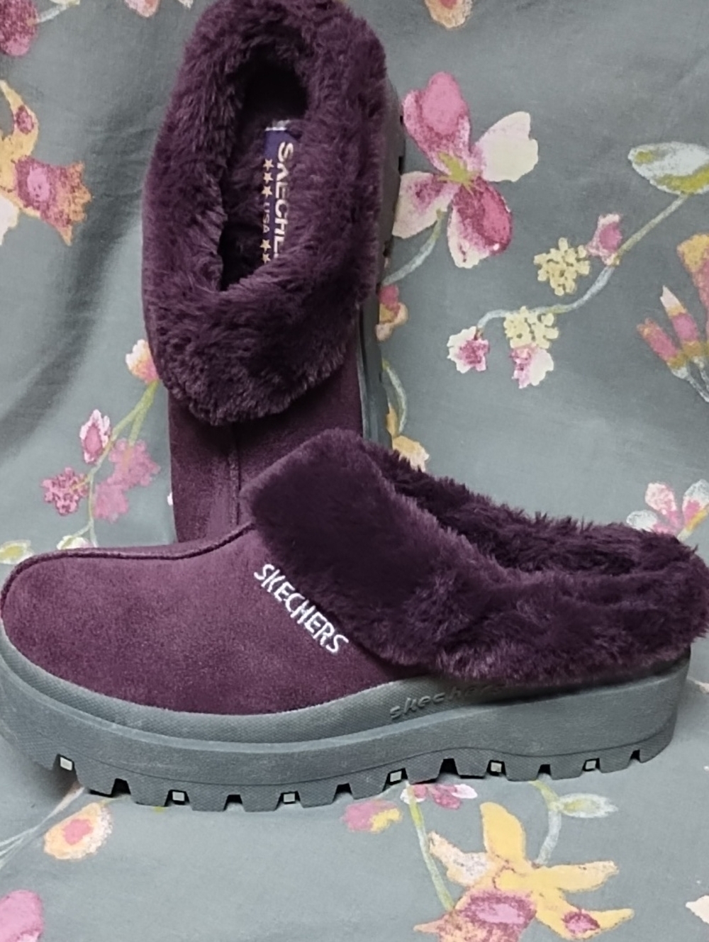 Skechers Women's Plush Faux-Fur Slip-On Clog - Plum
